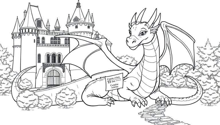 Dragon amical gardant un château, prêt pour une aventure colorée.