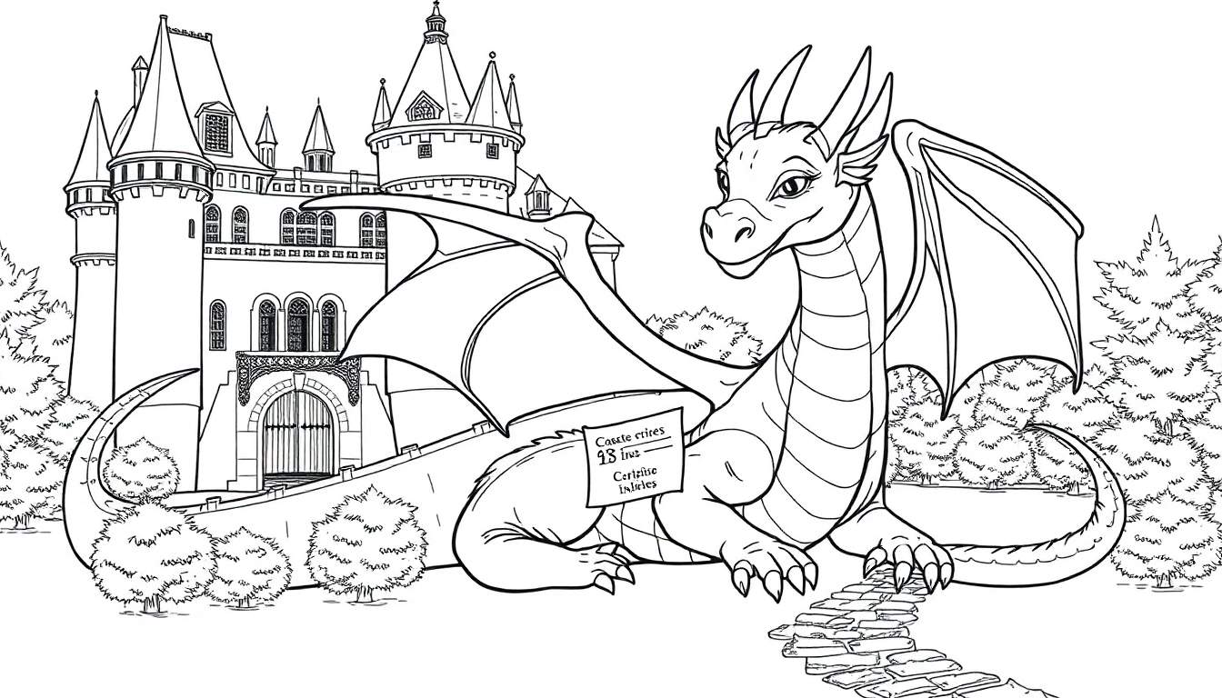 Dragon amical gardant un château, prêt pour une aventure colorée.