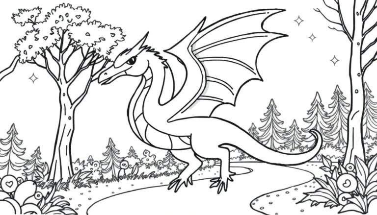 Un dessin au trait d'un dragon majestueux dans une forêt luxuriante, prêt à être coloré.