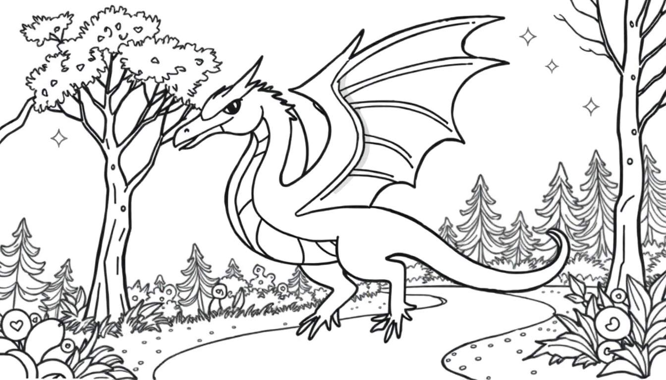 Un dessin au trait d'un dragon majestueux dans une forêt luxuriante, prêt à être coloré.