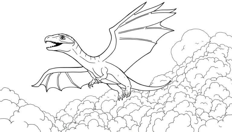 Dessin au trait d'un dragon volant dans un color panel au-dessus des nuages.