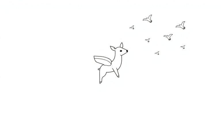 Dessin au trait d'un jeune faon ailé regardant des oiseaux en vol, style minimaliste pour un color panel.