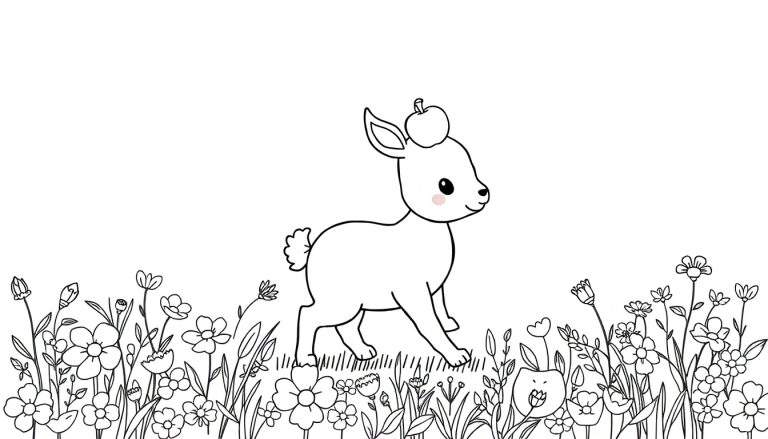 Un faon mignon avec une pomme sur la tête dans un pré de fleurs, dessin au trait, idéal pour le color panel.