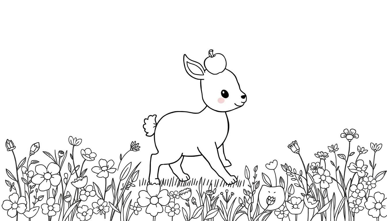 Un faon mignon avec une pomme sur la tête dans un pré de fleurs, dessin au trait, idéal pour le color panel.