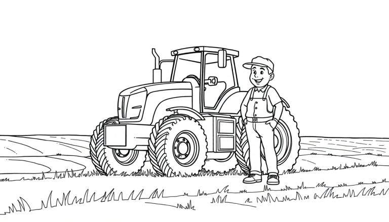 Un dessin au trait d'un fermier joyeux à côté d'un grand tracteur, prêt pour le coloriage.