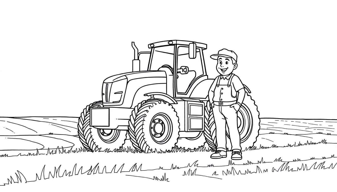Un dessin au trait d'un fermier joyeux à côté d'un grand tracteur, prêt pour le coloriage.