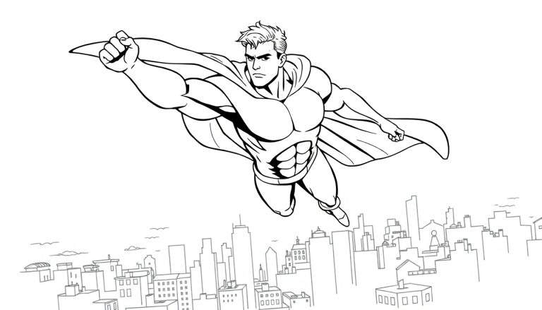 Dessin au trait d'un super-héros masculin musclé planant au-dessus d'une ville, style bande dessinée noir et blanc, cape au vent, poing fermé, prêt pour une action dans un color panel.
