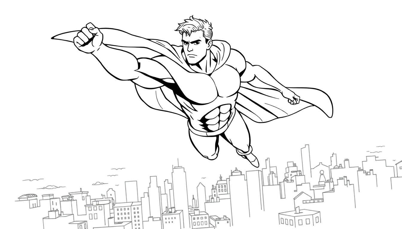 Dessin au trait d'un super-héros masculin musclé planant au-dessus d'une ville, style bande dessinée noir et blanc, cape au vent, poing fermé, prêt pour une action dans un color panel.