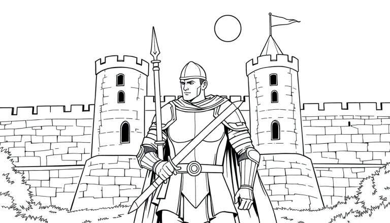 Un chevalier gardant un château, dessin au trait.
