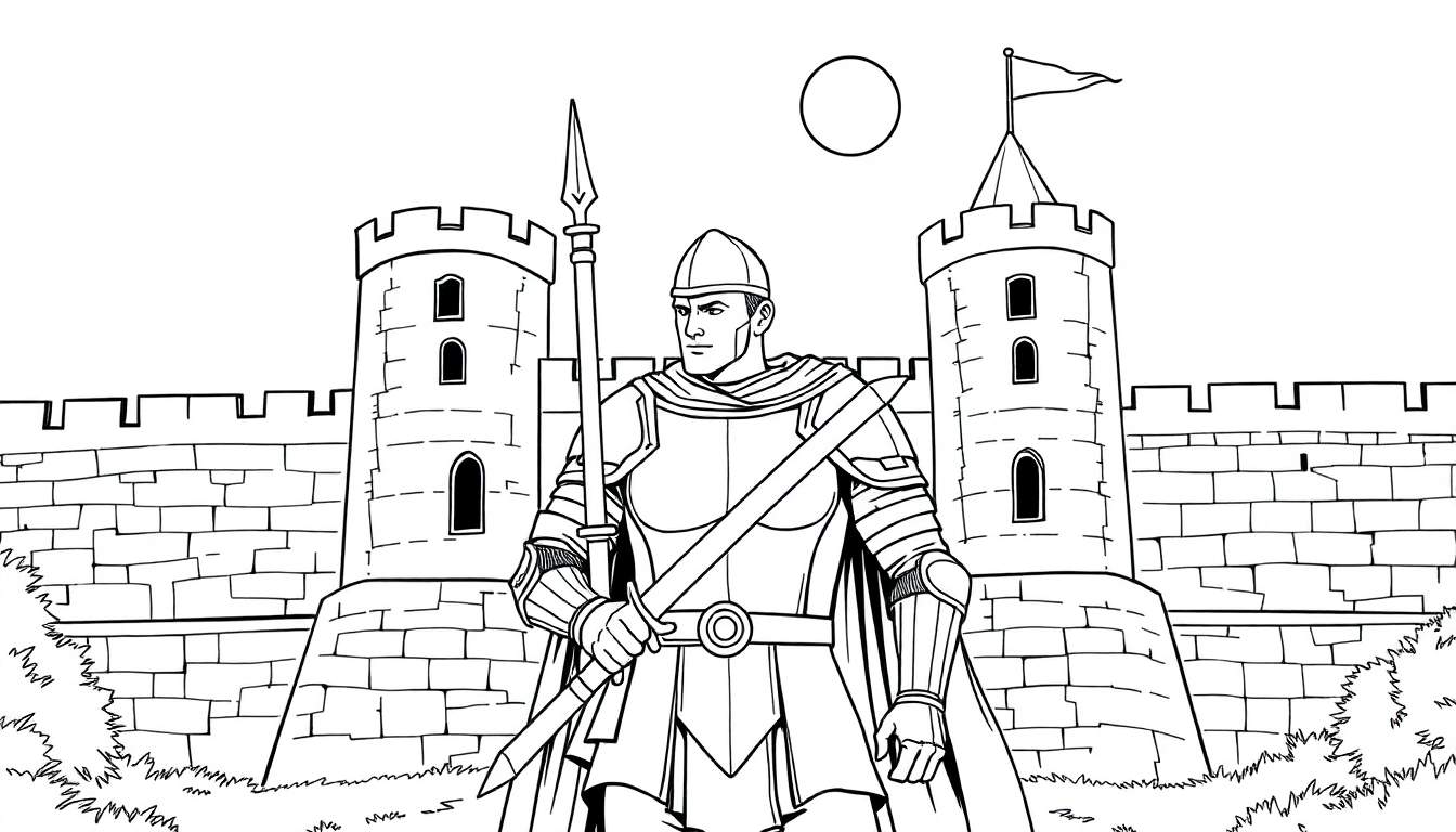 Un chevalier gardant un château, dessin au trait.