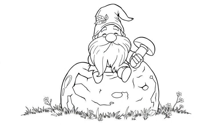 Dessin au trait d'un gnome souriant avec une longue barbe, assis sur un rocher et tenant un champignon.