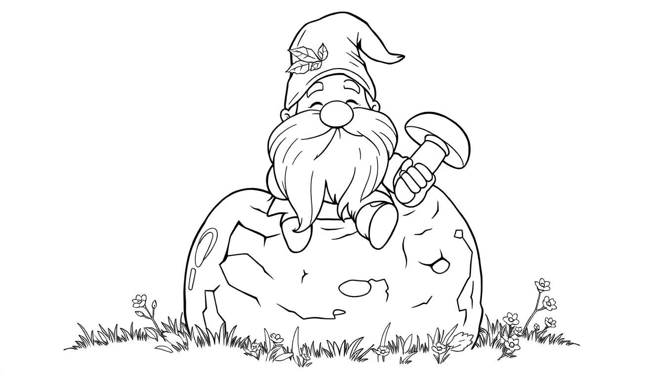 Dessin au trait d'un gnome souriant avec une longue barbe, assis sur un rocher et tenant un champignon.