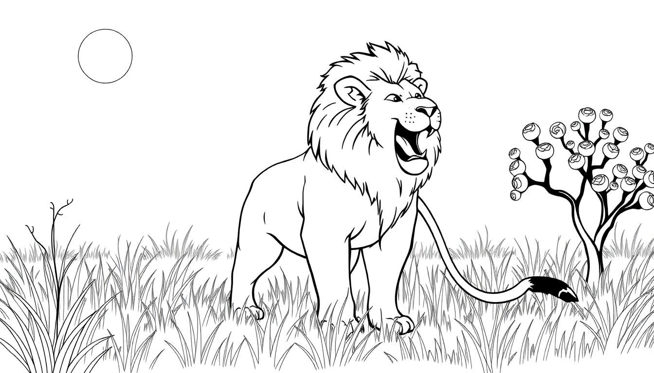 Dessin au trait d'un lion rugissant dans la savane avec un soleil ou une lune et un arbre fruité, prêt à être coloré avec un color panel.