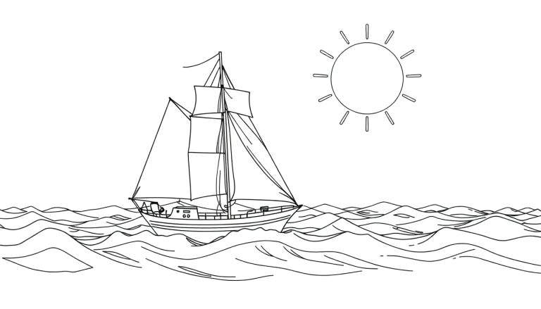 Dessin au trait d'un voilier à trois voiles naviguant sur des vagues agitées sous un soleil rayonnant.