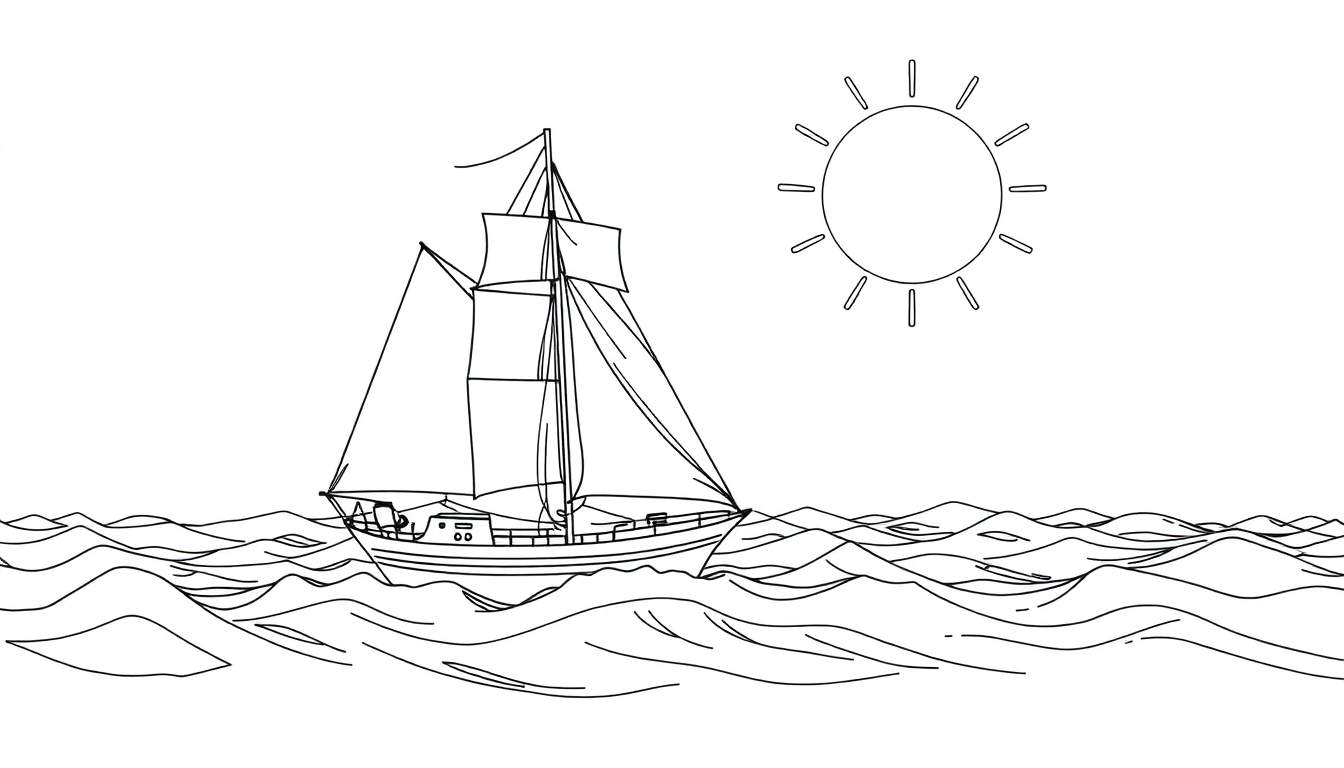 Dessin au trait d'un voilier à trois voiles naviguant sur des vagues agitées sous un soleil rayonnant.