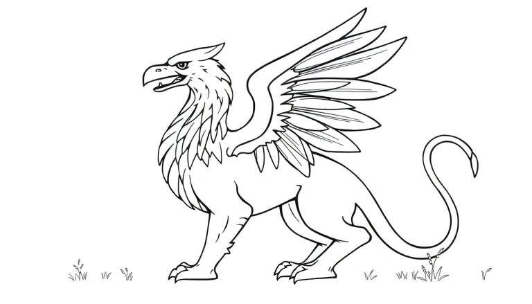 Illustration en noir et blanc d'un griffon de profil, moitié aigle, moitié lion, prêt pour une aventure.