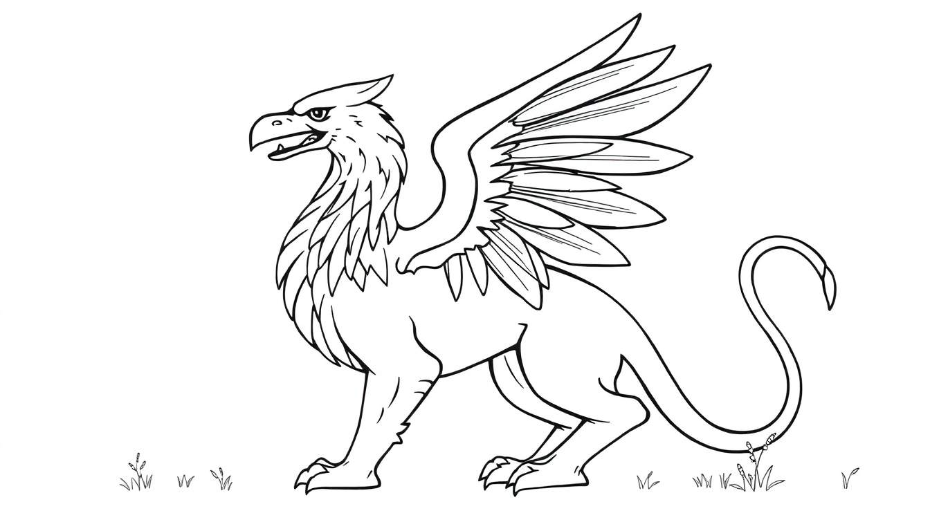 Illustration en noir et blanc d'un griffon de profil, moitié aigle, moitié lion, prêt pour une aventure.
