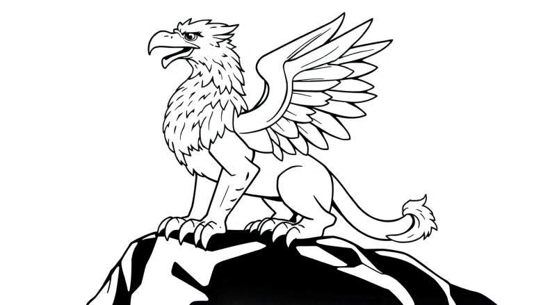 Un griffon majestueux debout sur un rocher, prêt à être coloré.