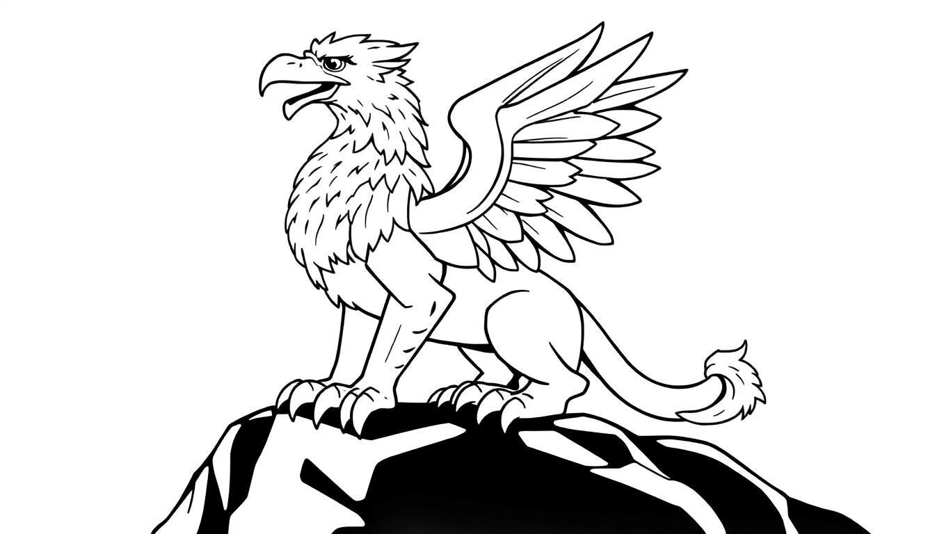 Un griffon majestueux debout sur un rocher, prêt à être coloré.