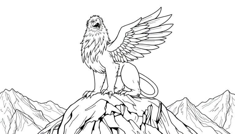 Griffon majestueux perché sur un rocher de montagne, ailes déployées, rugissant, dessin au trait noir et blanc.