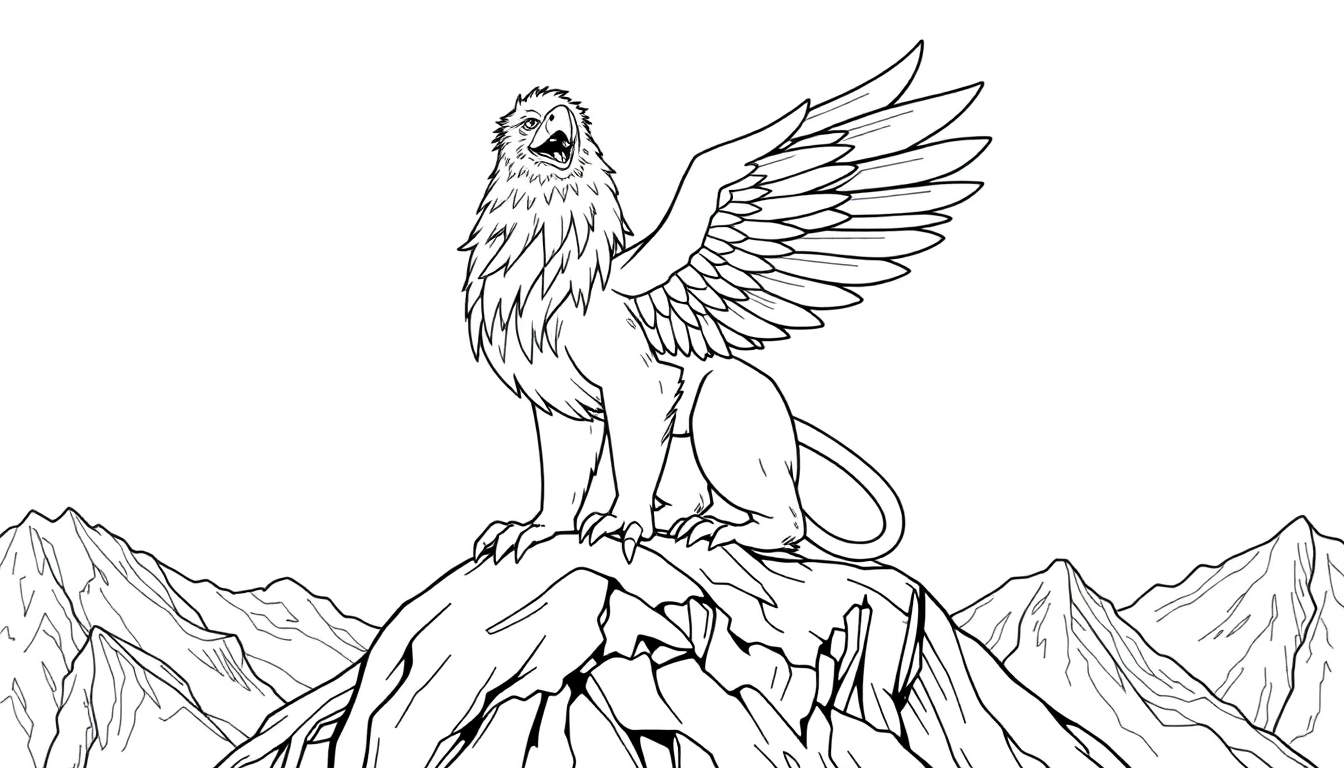 Griffon majestueux perché sur un rocher de montagne, ailes déployées, rugissant, dessin au trait noir et blanc.