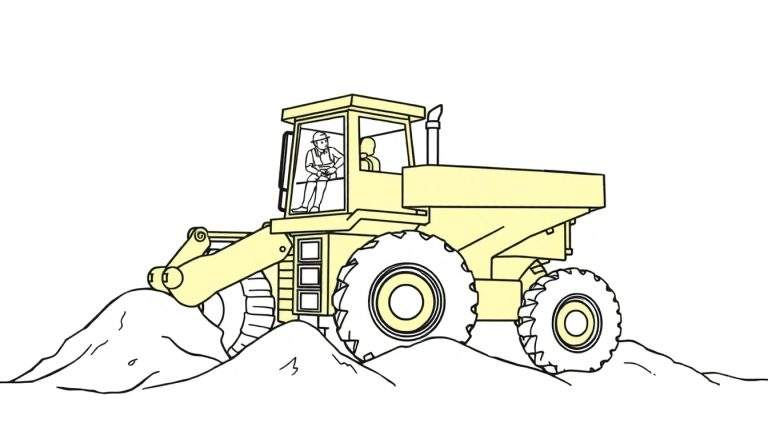 Pelleteuse jaune avec conducteur sur un tas de terre sous un soleil souriant.