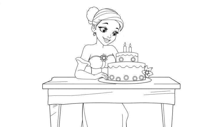 Tiana regarde joyeusement un gâteau d'anniversaire à deux étages, prêt à être coloré sur un color panel.