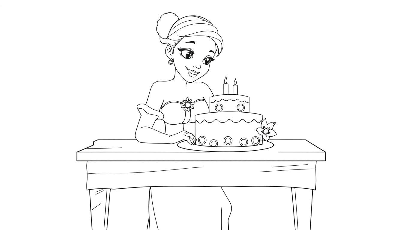 Tiana regarde joyeusement un gâteau d'anniversaire à deux étages, prêt à être coloré sur un color panel.