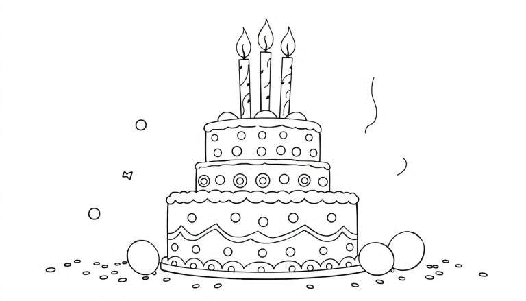 Un gâteau d'anniversaire coloré avec trois bougies, des ballons, des confettis et des serpentins, le tout dans un color panel joyeux.