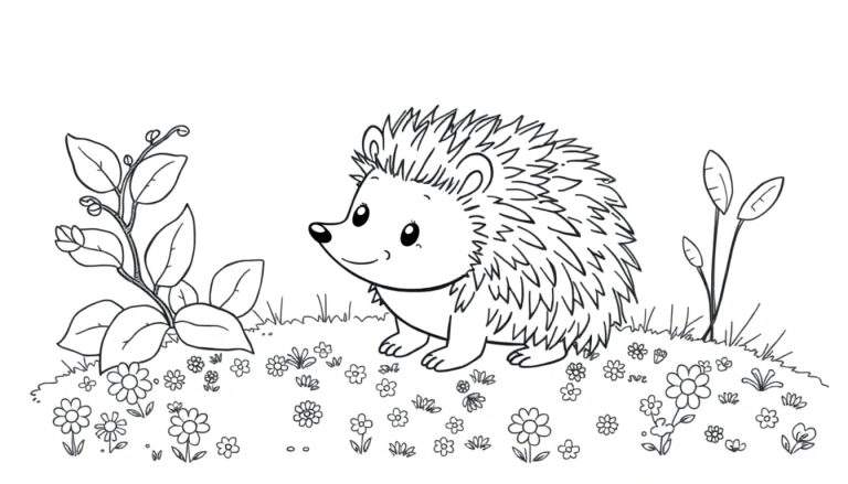Dessin au trait d'un hérisson souriant dans un champ de fleurs et d'herbe, prêt pour un color panel.
