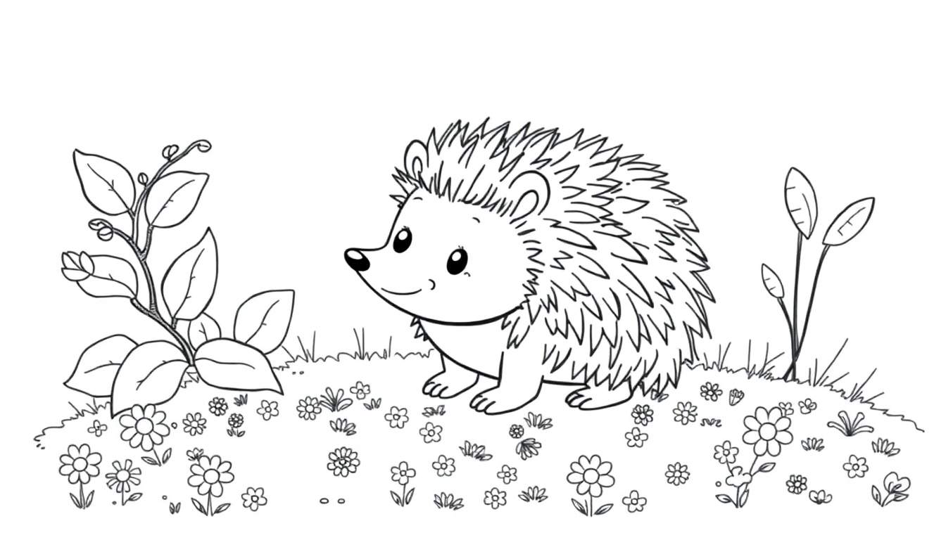 Dessin au trait d'un hérisson souriant dans un champ de fleurs et d'herbe, prêt pour un color panel.