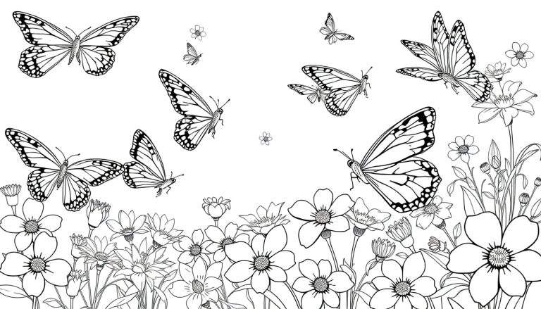 Un dessin au trait de papillons et de fleurs, parfait pour un color panel.