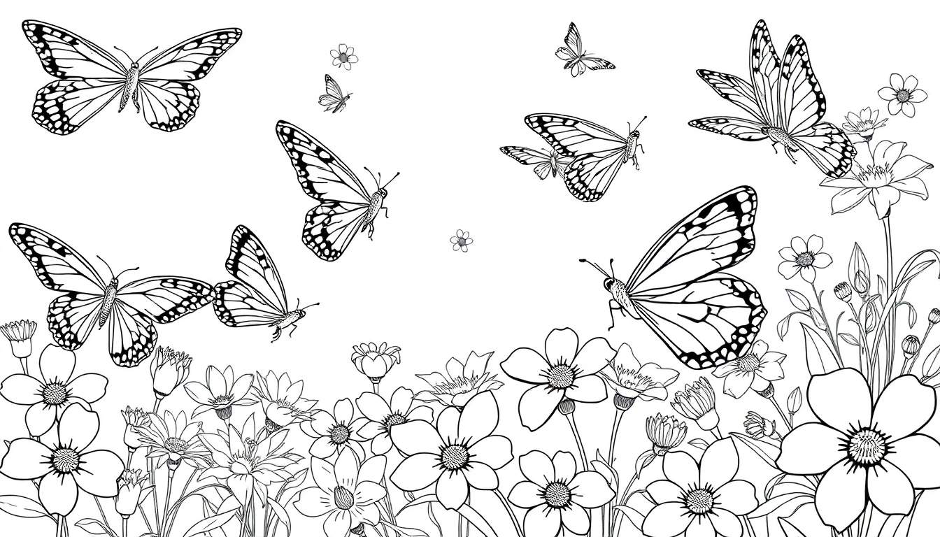 Un dessin au trait de papillons et de fleurs, parfait pour un color panel.
