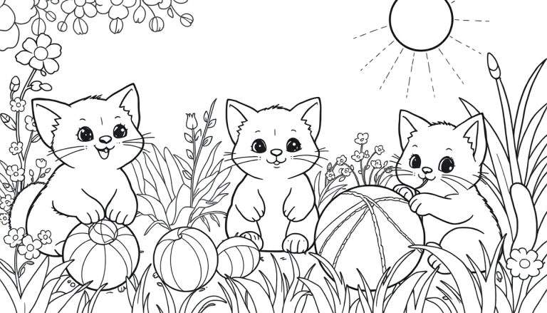 Trois chatons joueurs dans un jardin printanier, avec des balles de laine et un soleil éclatant, pour un color panel.
