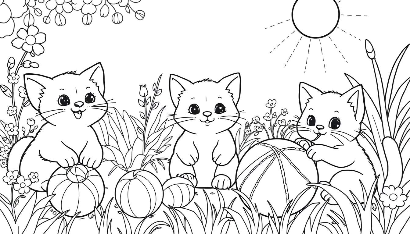 Trois chatons joueurs dans un jardin printanier, avec des balles de laine et un soleil éclatant, pour un color panel.