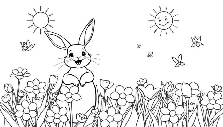 Un lapin souriant au milieu d'un champ de tulipes et de marguerites, avec deux soleils dans le ciel.