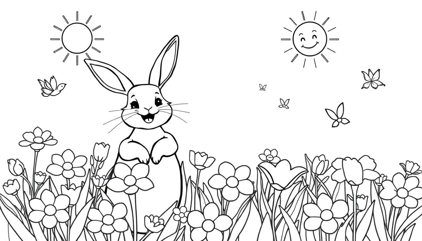 Un lapin souriant au milieu d'un champ de tulipes et de marguerites, avec deux soleils dans le ciel.