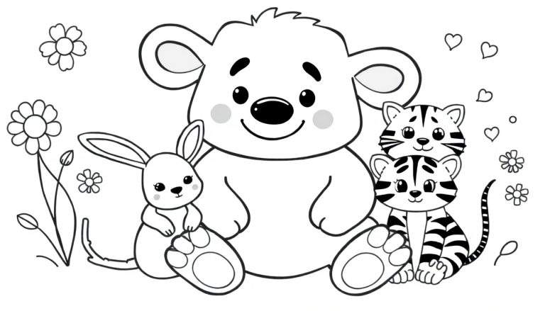Dessin au trait d'un ours en peluche, d'un lapin et de deux tigres avec des fleurs et des cœurs, prêt à être colorié.
