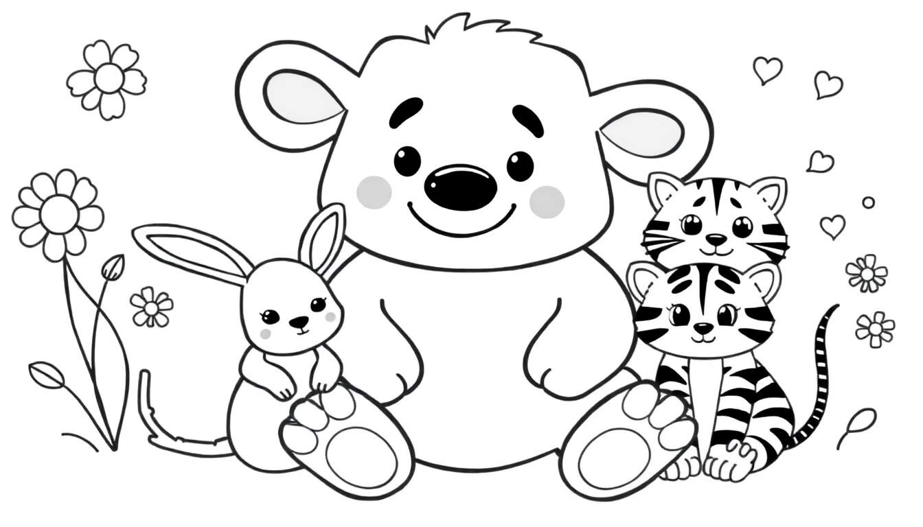 Dessin au trait d'un ours en peluche, d'un lapin et de deux tigres avec des fleurs et des cœurs, prêt à être colorié.
