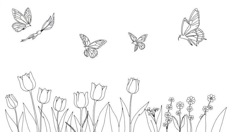 Dessin au trait de papillons et de tulipes, un color panel de la nature.