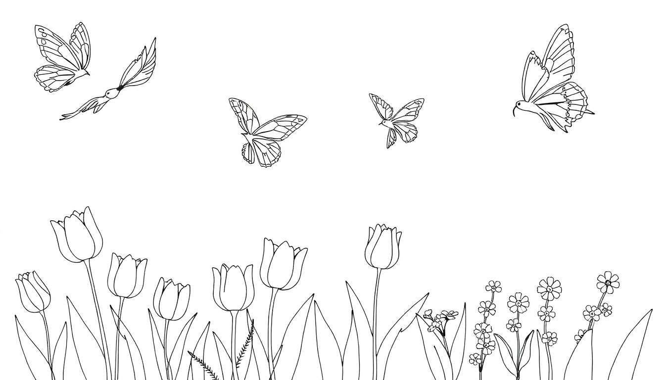 Dessin au trait de papillons et de tulipes, un color panel de la nature.