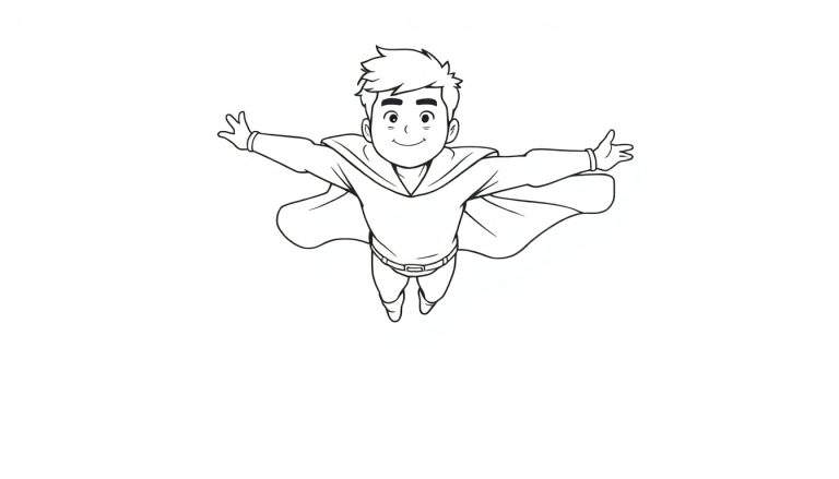 Dessin au trait d'un jeune garçon souriant en costume avec une cape flottante, les bras écartés.