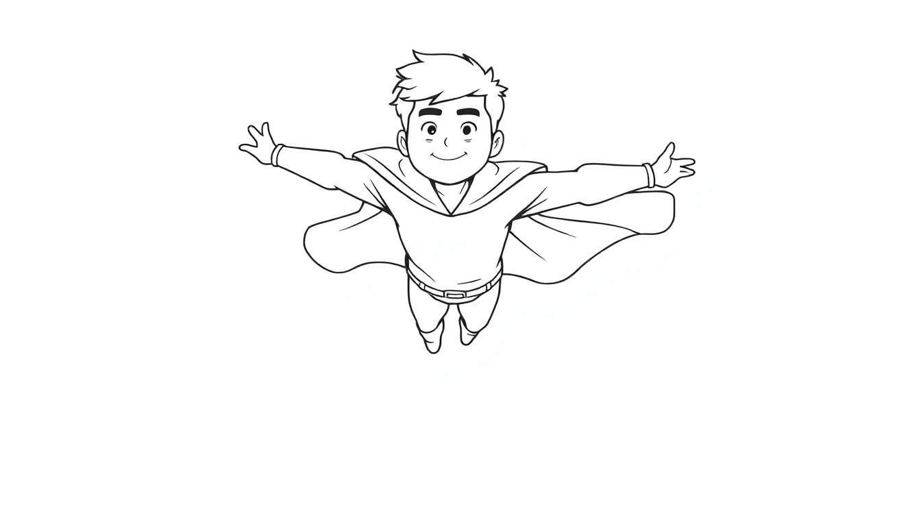 Dessin au trait d'un jeune garçon souriant en costume avec une cape flottante, les bras écartés.