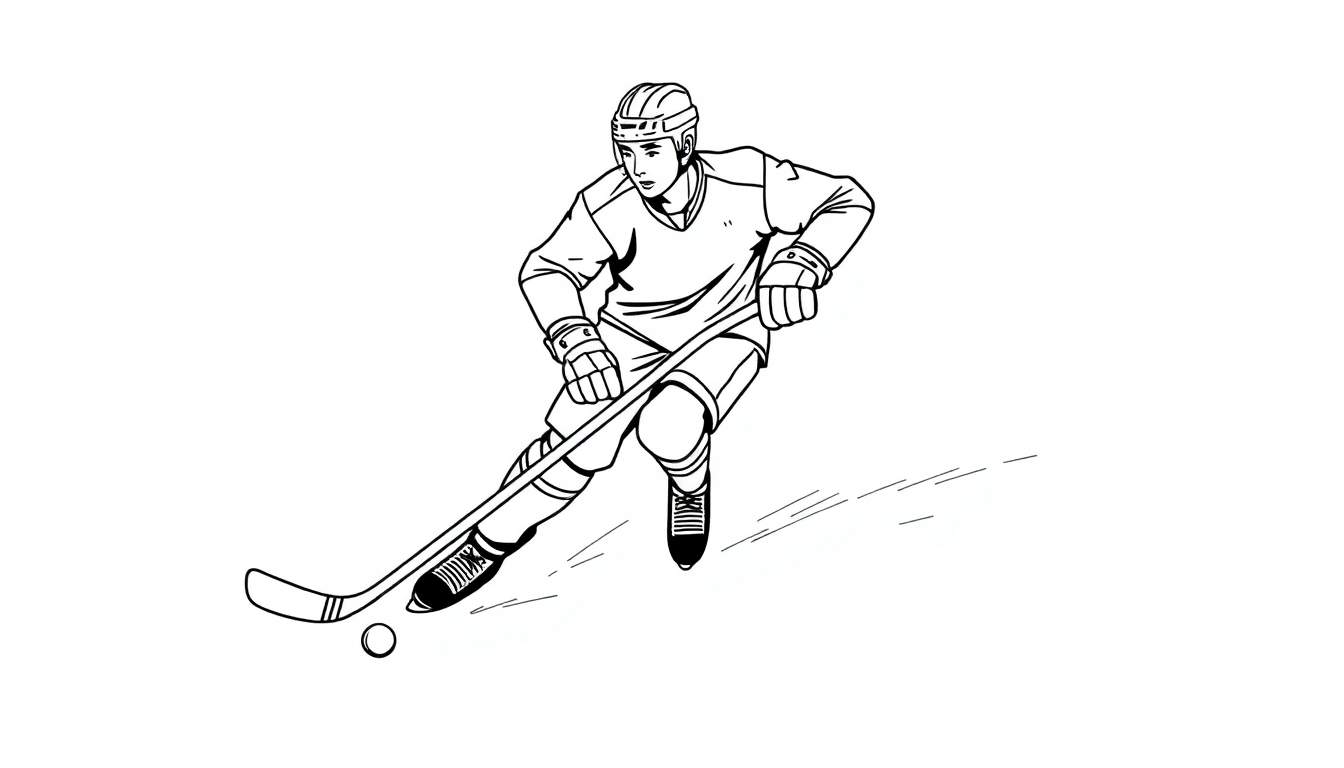Un joueur de hockey sur glace esquissé tenant un bâton et un palet, prêt à tirer, sur une piste de color panel.