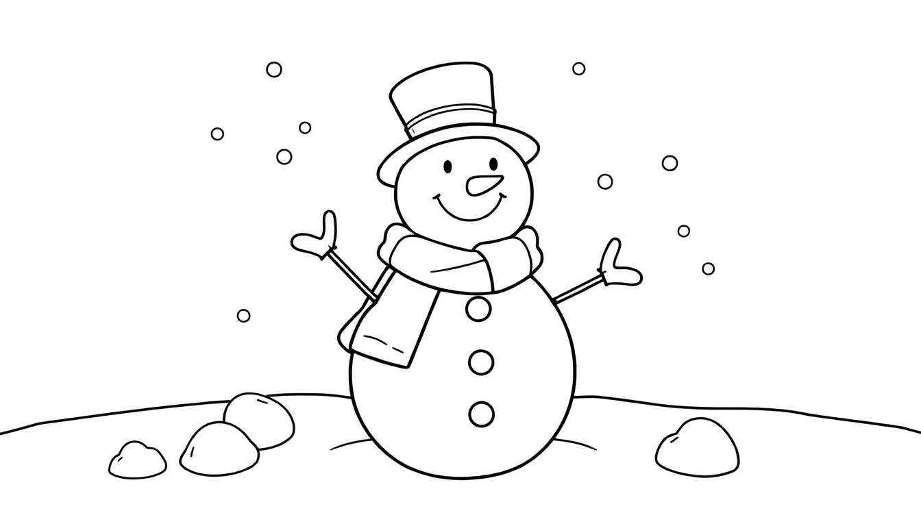 Un bonhomme de neige dessiné au trait noir avec un chapeau haut de forme, une écharpe et des boutons. Des boules de neige et des flocons tombent autour. L'arrière-plan est une pente enneigée. Un color panel est visible.