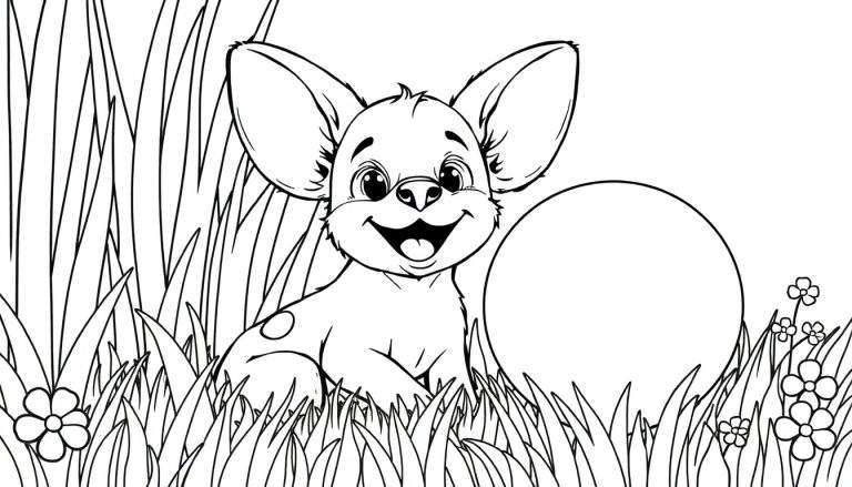 Dessin au trait noir et blanc d'un chiot souriant aux grandes oreilles assis dans l'herbe à côté d'une balle.