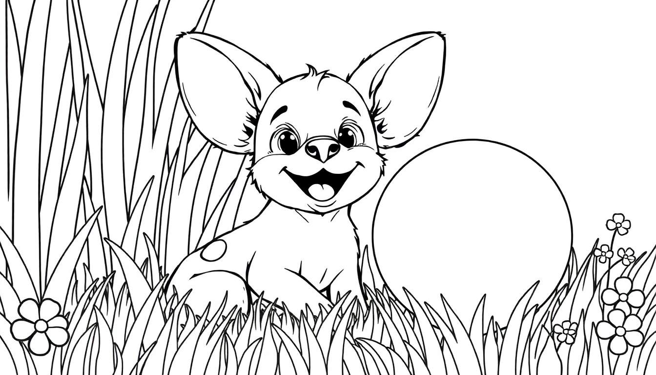 Dessin au trait noir et blanc d'un chiot souriant aux grandes oreilles assis dans l'herbe à côté d'une balle.