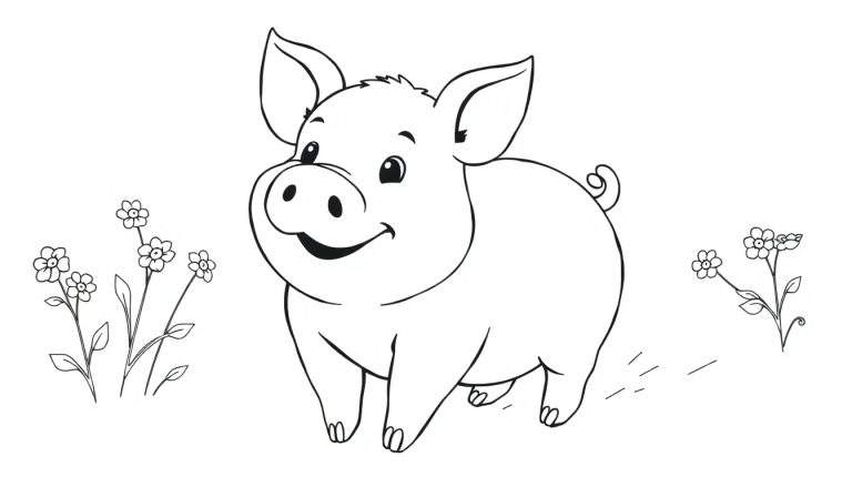 Un mignon petit cochon souriant avec des fleurs, style color panel.
