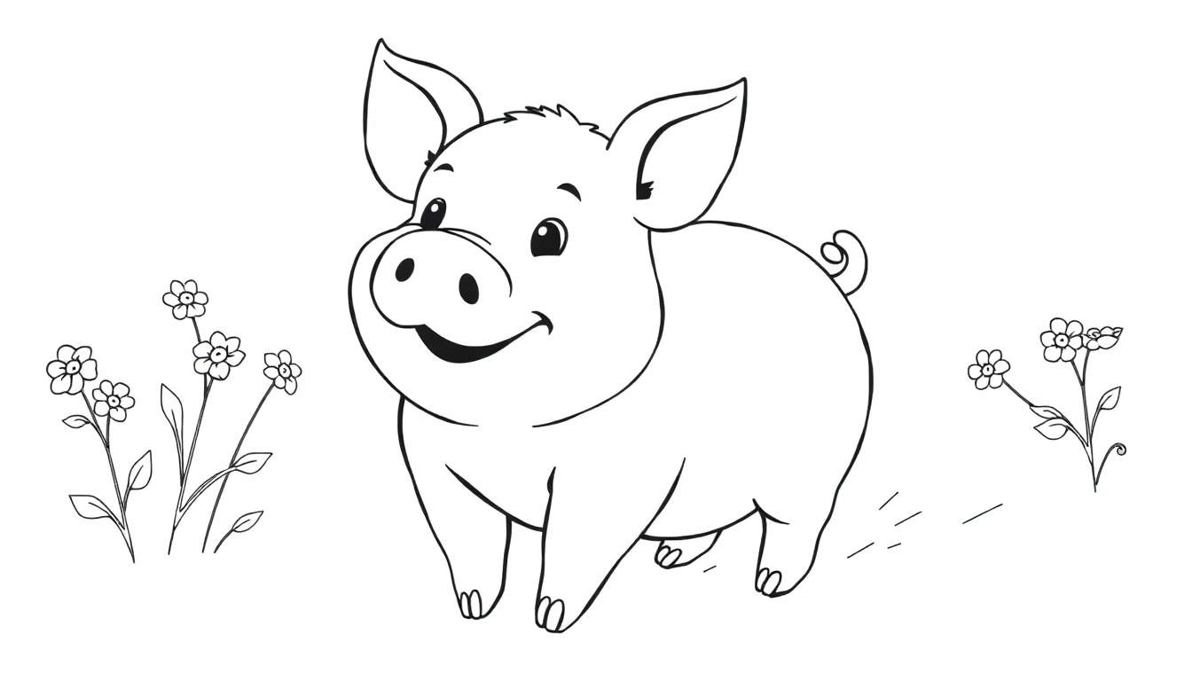 Un mignon petit cochon souriant avec des fleurs, style color panel.
