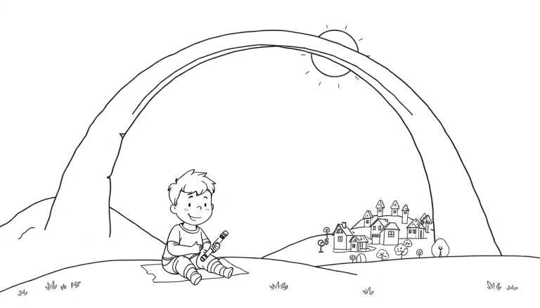 Un garçon joue de la flûte sous un arc-en-ciel, devant un village.